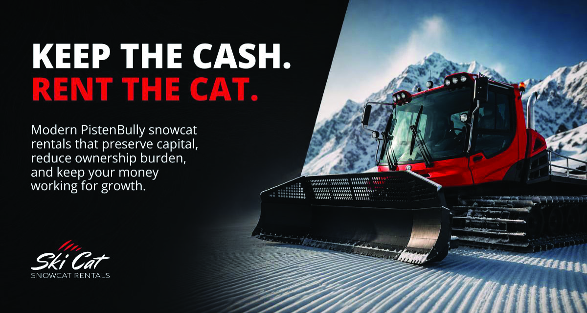 Red PistenBully snowcat rental promoting capital savings and business growth.